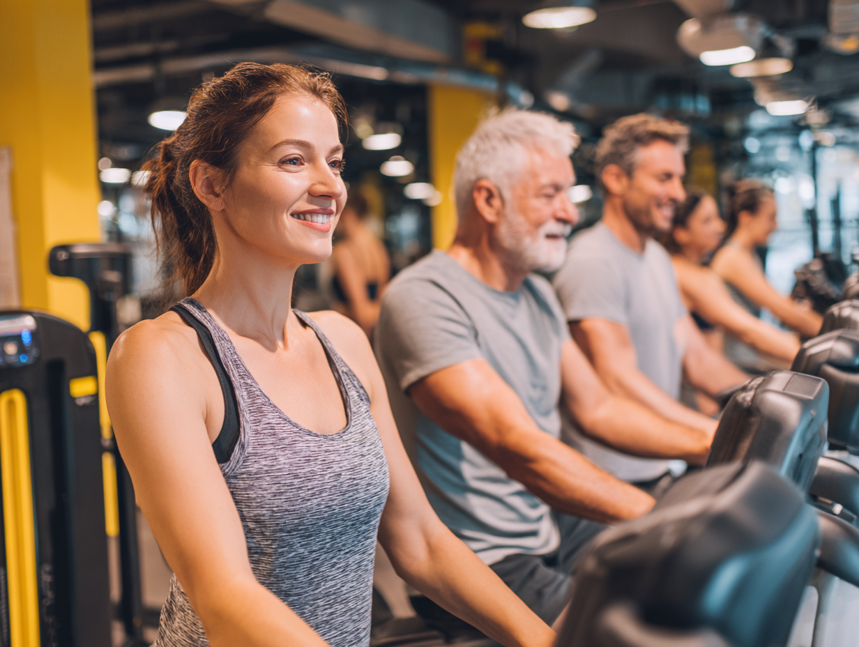 Активні люди різного віку займаються фітнесом в сучасному спортивному залі